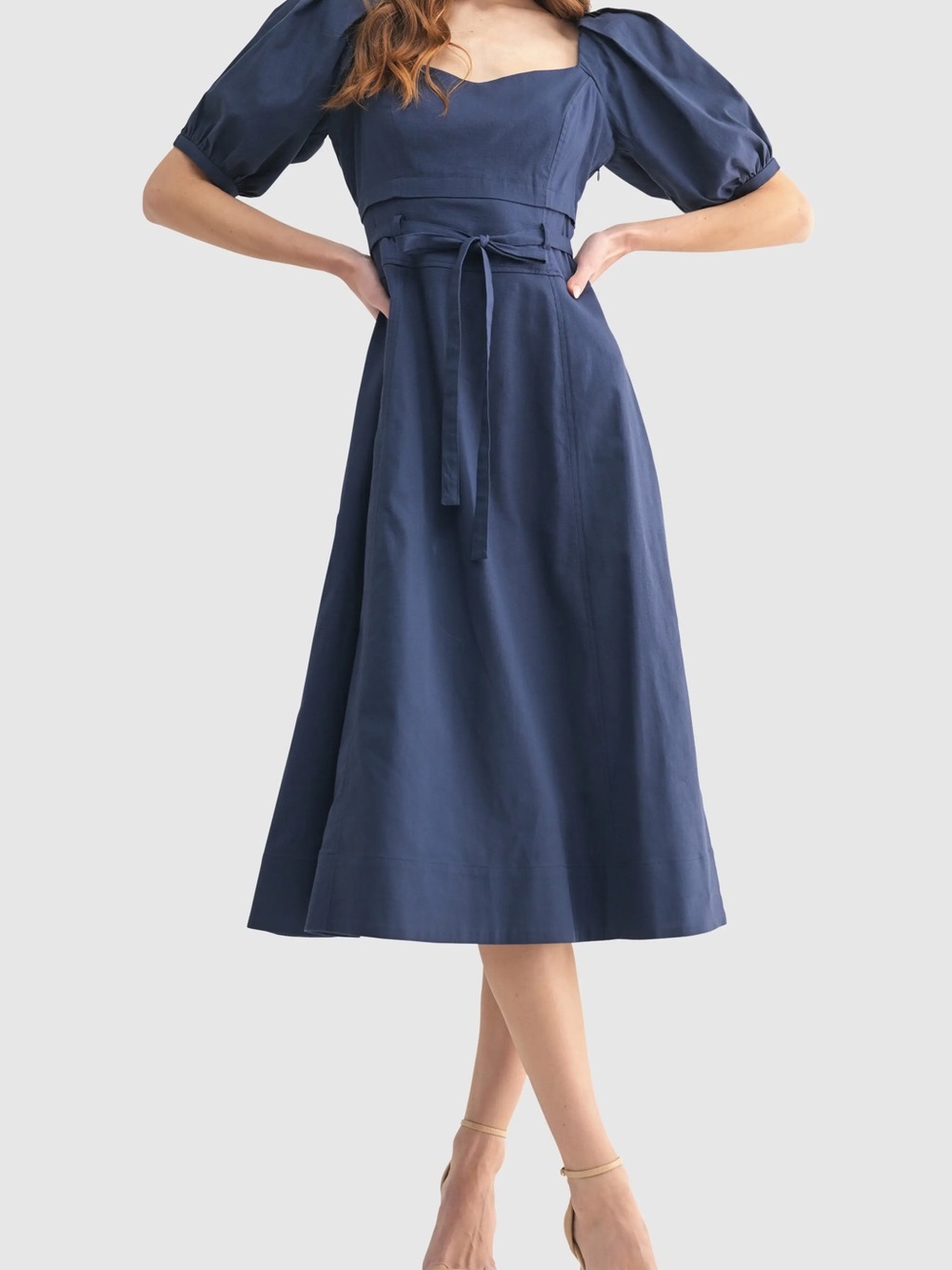 Mila Mae Square-Neck Navy Midi Dress with Puff Sleeves and Waist Tie